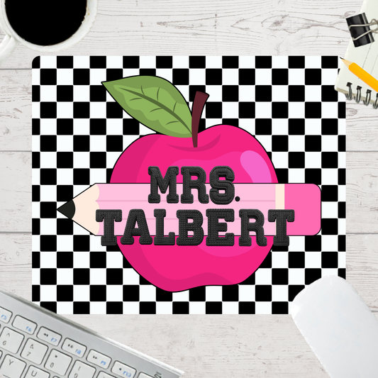 Personalized Teacher Mouse Pad - Black Checkered Pink Apple