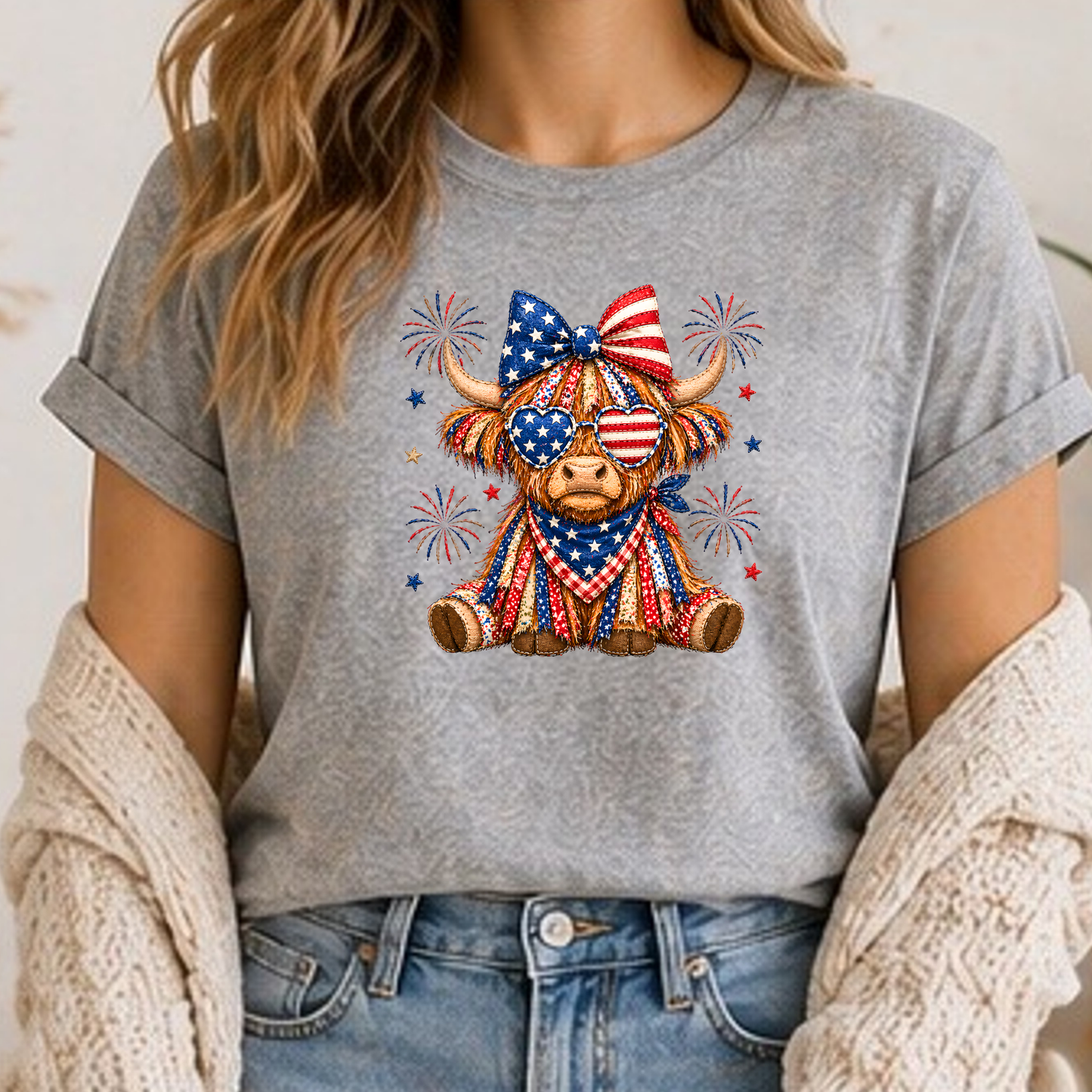 Patriotic Highland Cow Shirt | USA Flag Highland Cow Tee | Fourth of July Cow Graphic T-Shirt