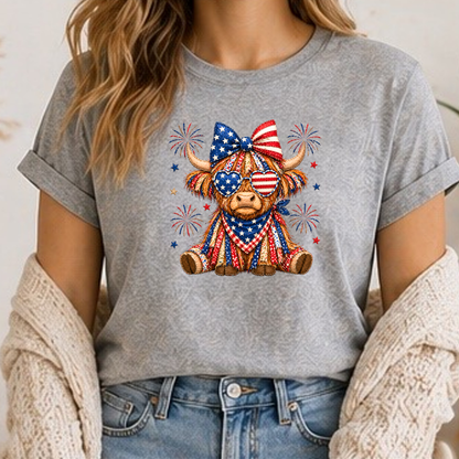 Patriotic Highland Cow Shirt | USA Flag Highland Cow Tee | Fourth of July Cow Graphic T-Shirt