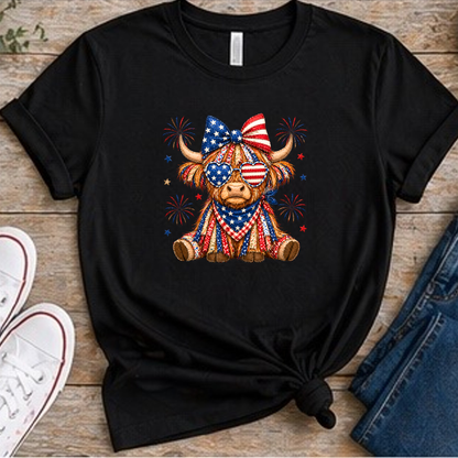 Patriotic Highland Cow Shirt | USA Flag Highland Cow Tee | Fourth of July Cow Graphic T-Shirt