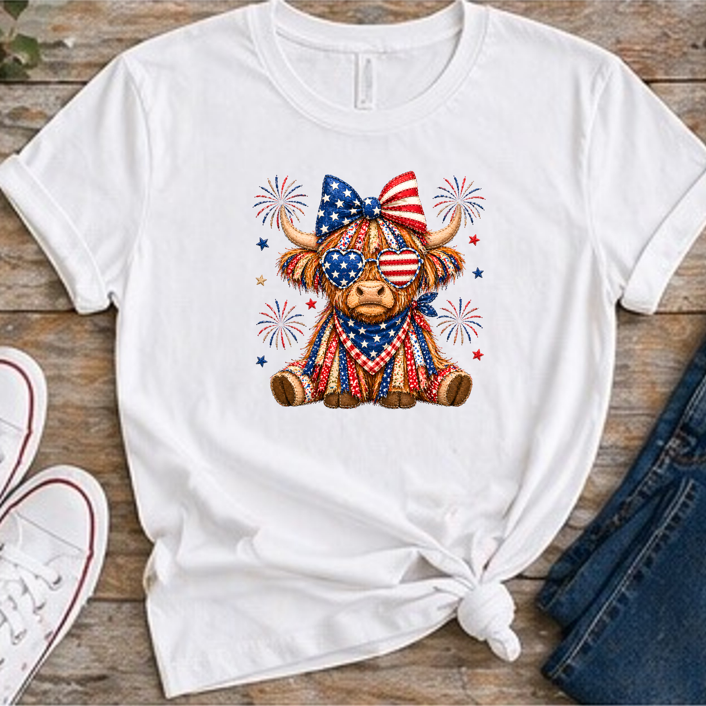 Patriotic Highland Cow Shirt | USA Flag Highland Cow Tee | Fourth of July Cow Graphic T-Shirt