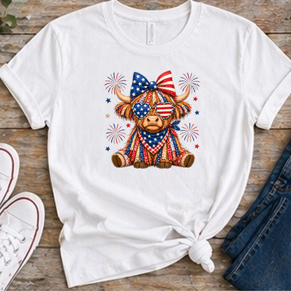 Patriotic Highland Cow Shirt | USA Flag Highland Cow Tee | Fourth of July Cow Graphic T-Shirt