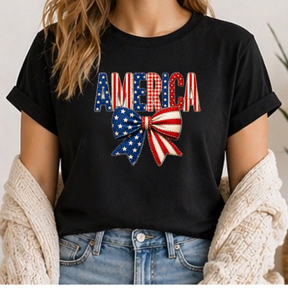 America Patriotic Bow Shirt | Red White & Blue Coquette Tee | Fourth of July Graphic T-Shirt