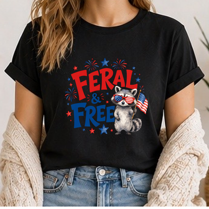 Feral & Free Raccoon Shirt | Funny Patriotic Fourth of July Tee | USA Independence Day Graphic T-Shirt