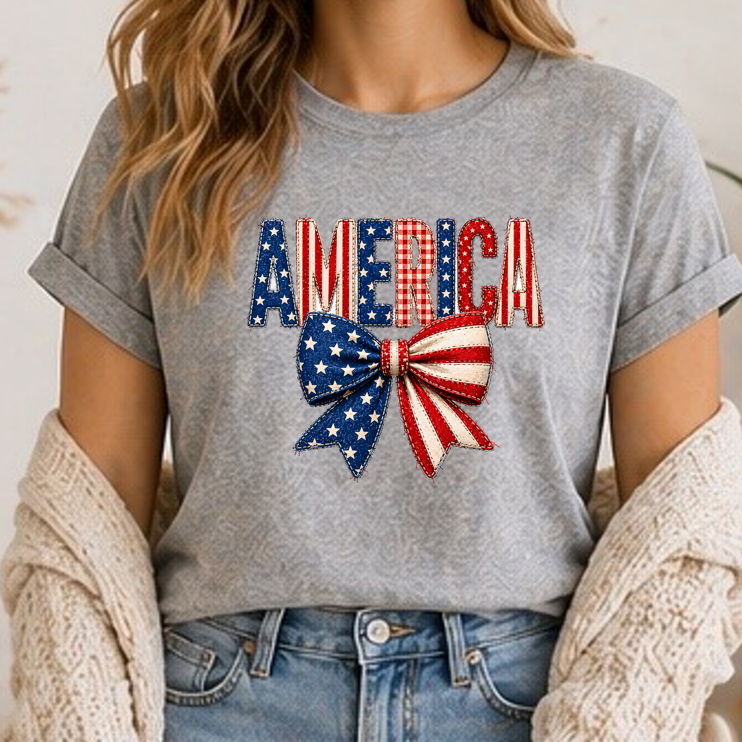 America Patriotic Bow Shirt | Red White & Blue Coquette Tee | Fourth of July Graphic T-Shirt