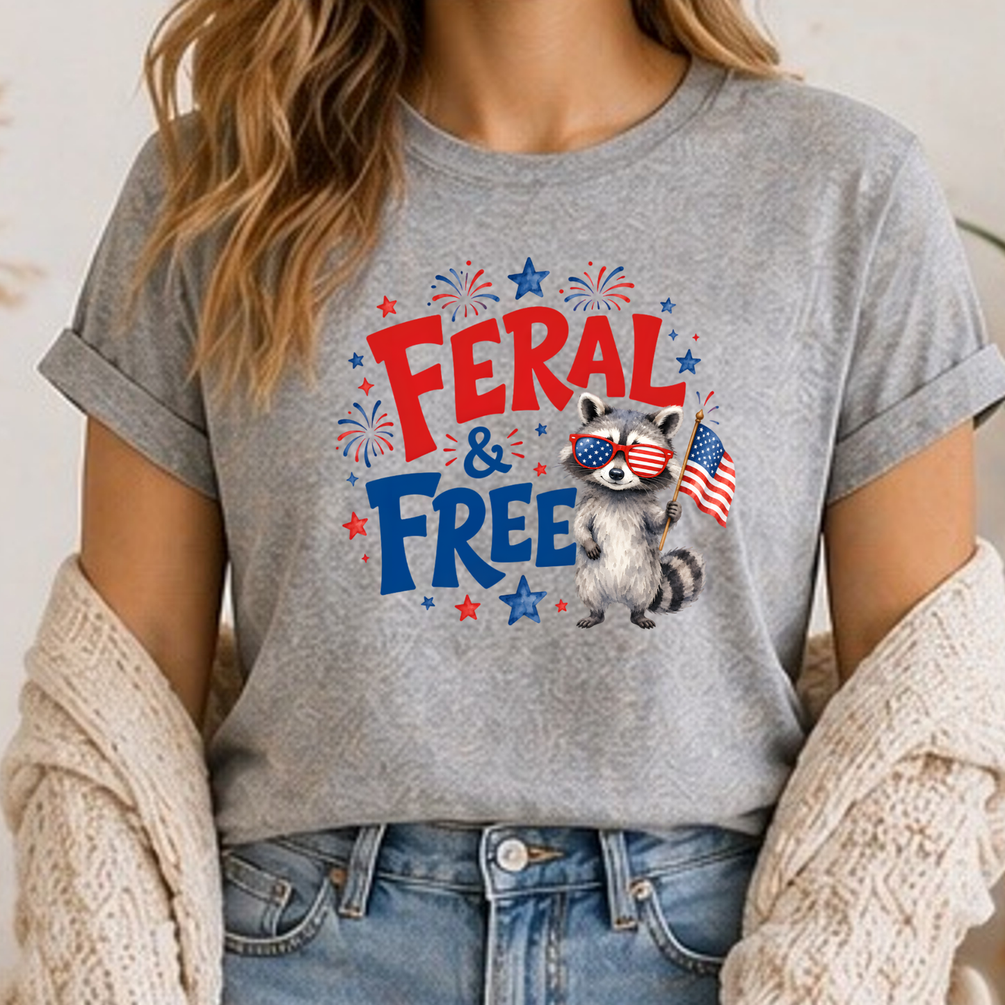 Feral & Free Raccoon Shirt | Funny Patriotic Fourth of July Tee | USA Independence Day Graphic T-Shirt
