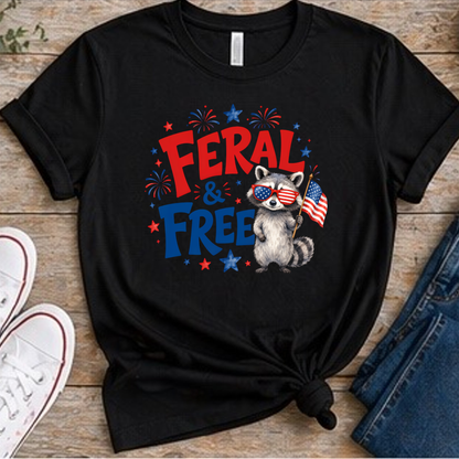 Feral & Free Raccoon Shirt | Funny Patriotic Fourth of July Tee | USA Independence Day Graphic T-Shirt