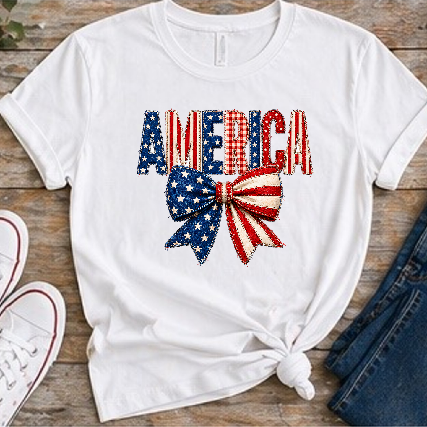 America Patriotic Bow Shirt | Red White & Blue Coquette Tee | Fourth of July Graphic T-Shirt