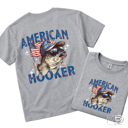 American Hooker Fishing Shirt | Patriotic Bass Fisherman Tee | Fourth of July Fishing Graphic T-Shirt