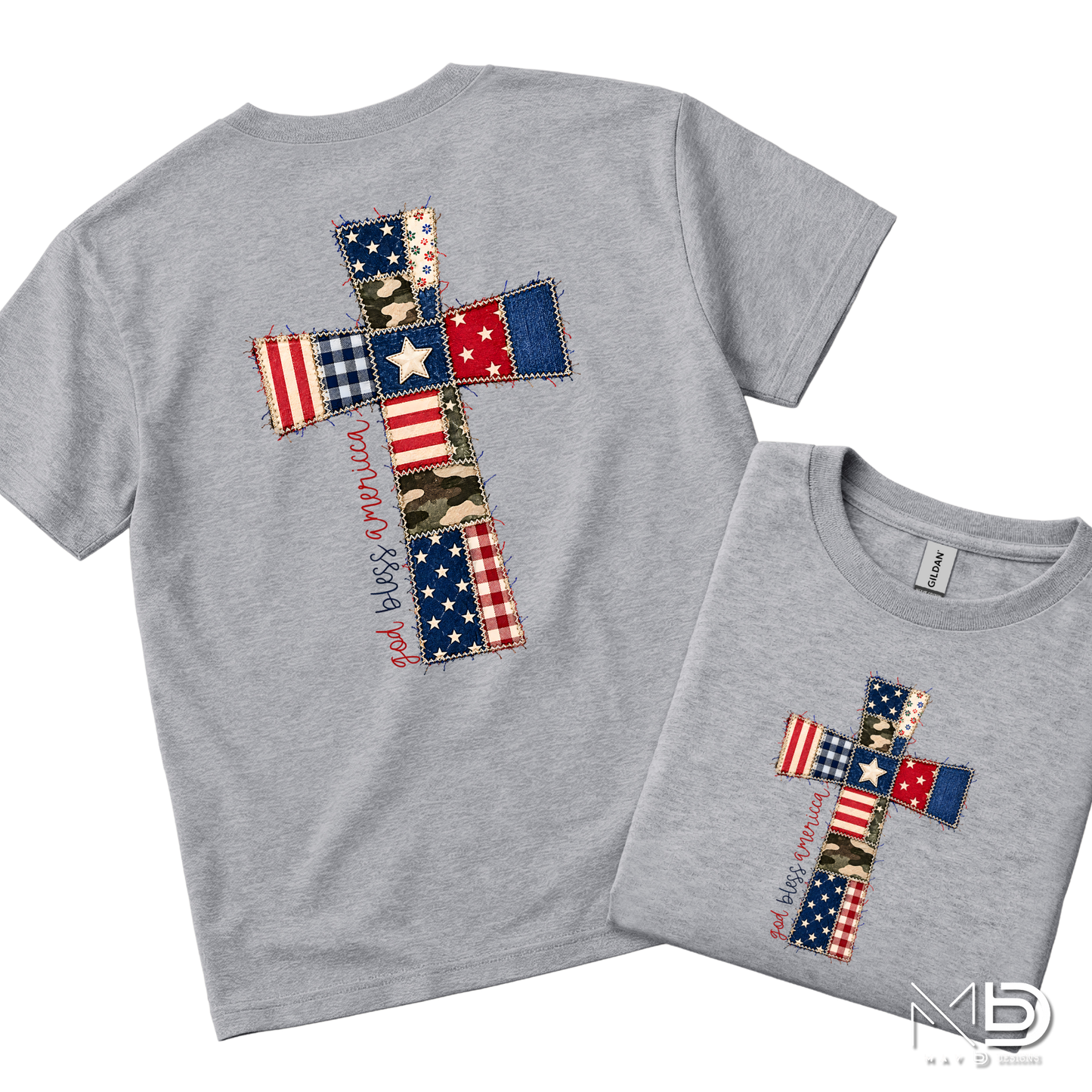 God Bless America Patchwork Cross Shirt | Patriotic Christian Faith Tee