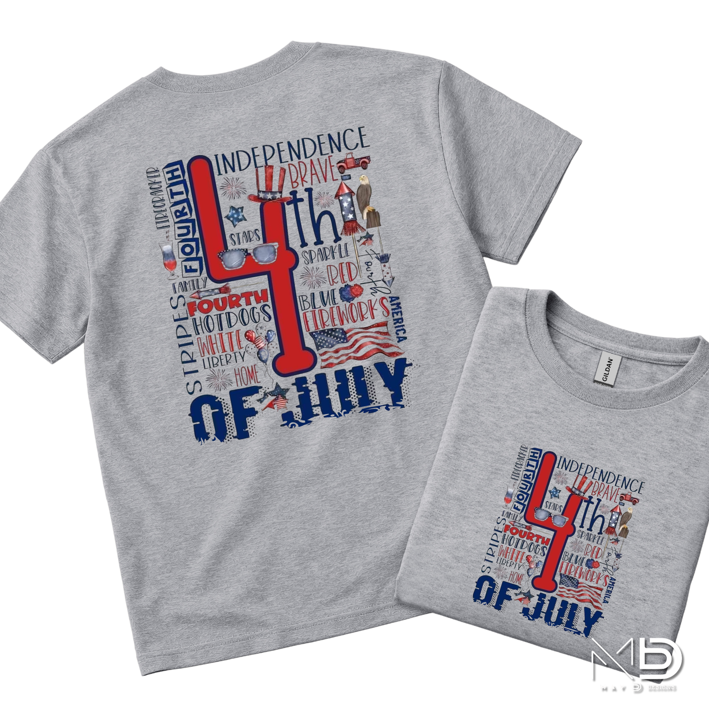 4th of July Word Art Patriotic Shirt | Independence Day Typography Tee | Red White Blue Fireworks Graphic T-Shirt | Americana Celebration Shirt