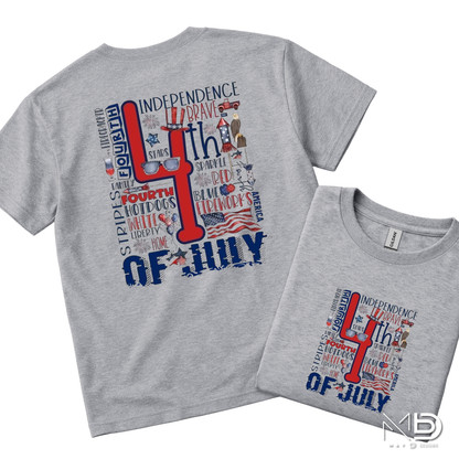 4th of July Word Art Patriotic Shirt | Independence Day Typography Tee | Red White Blue Fireworks Graphic T-Shirt | Americana Celebration Shirt