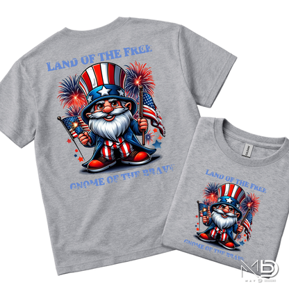 Land of the Free, Gnome of the Brave Patriotic Shirt | Uncle Sam Gnome Fourth of July Tee | USA Fireworks Graphic T-Shirt | Americana Independence Day Shirt