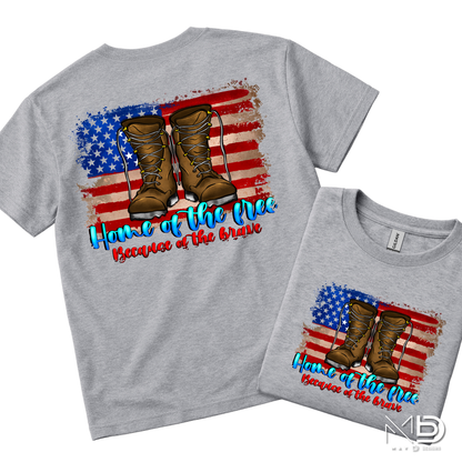 Home of the Free Because of the Brave Shirt | Military Appreciation Tee | Patriotic Combat Boots Shirt | Veteran Support Fourth of July T-Shirt