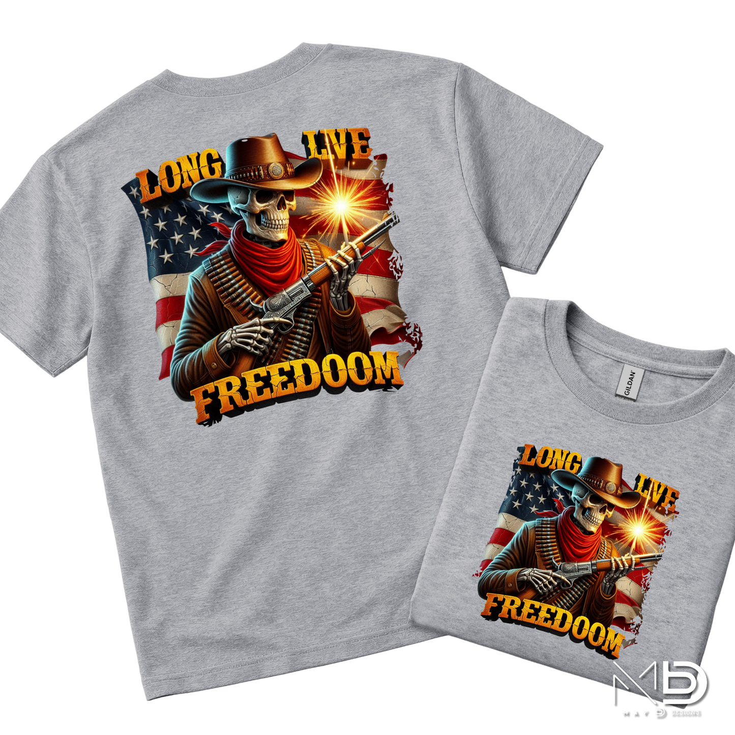 Long Live Freedom Skeleton Cowboy Shirt | Patriotic Western Graphic Tee | American Flag Cowboy Skull T-Shirt | Fourth of July Country Freedom Shirt