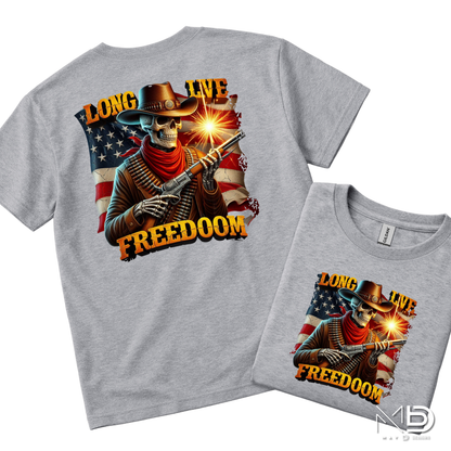 Long Live Freedom Skeleton Cowboy Shirt | Patriotic Western Graphic Tee | American Flag Cowboy Skull T-Shirt | Fourth of July Country Freedom Shirt