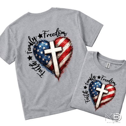 Faith Family Freedom Patriotic Christian Shirt | American Flag Heart Cross Tee | USA Independence Day Christian T-Shirt