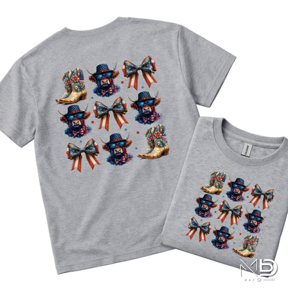 Patriotic Highland Cow & Boots Shirt | Americana Coquette Bow Tee | Western Fourth of July Shirt | Cute USA Cowgirl Graphic T-Shirt