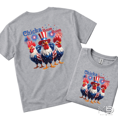 Chicka Boom Boom Patriotic Rooster Shirt | Funny Fourth of July Chicken Tee | Red White & Blue Farmhouse Graphic T-Shirt