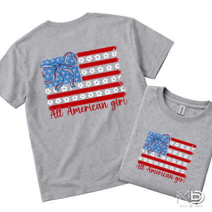 All American Girl Patriotic Flag Shirt | Coquette Bow & Daisy USA Tee | Fourth of July Women’s Graphic T-Shirt | Red White Blue Americana Shirt