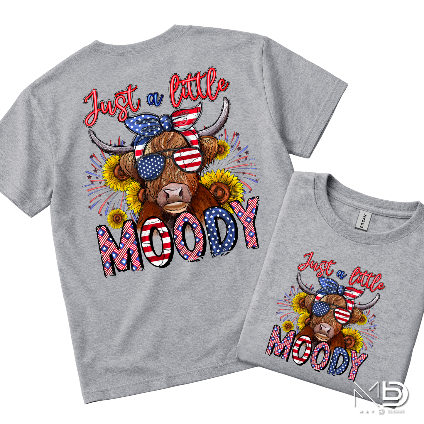 Just a Little Moody Highland Cow Patriotic Shirt | Fourth of July Cow Tee | American Flag Highland Cow Graphic T-Shirt | Funny Independence Day Shirt