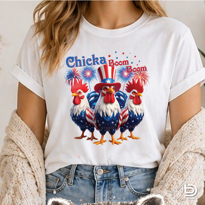 Chicka Boom Boom Patriotic Rooster Shirt | Funny Fourth of July Chicken Tee | Red White & Blue Farmhouse Graphic T-Shirt