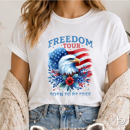 Freedom Tour Born To Be Free Eagle Shirt | Patriotic Americana Tee | Bald Eagle Fourth of July Shirt | Red White and Blue Graphic T-Shirt