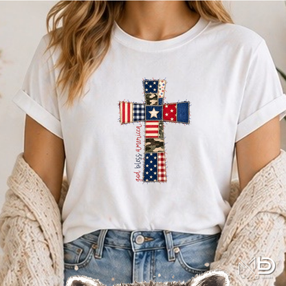 God Bless America Patchwork Cross Shirt | Patriotic Christian Faith Tee