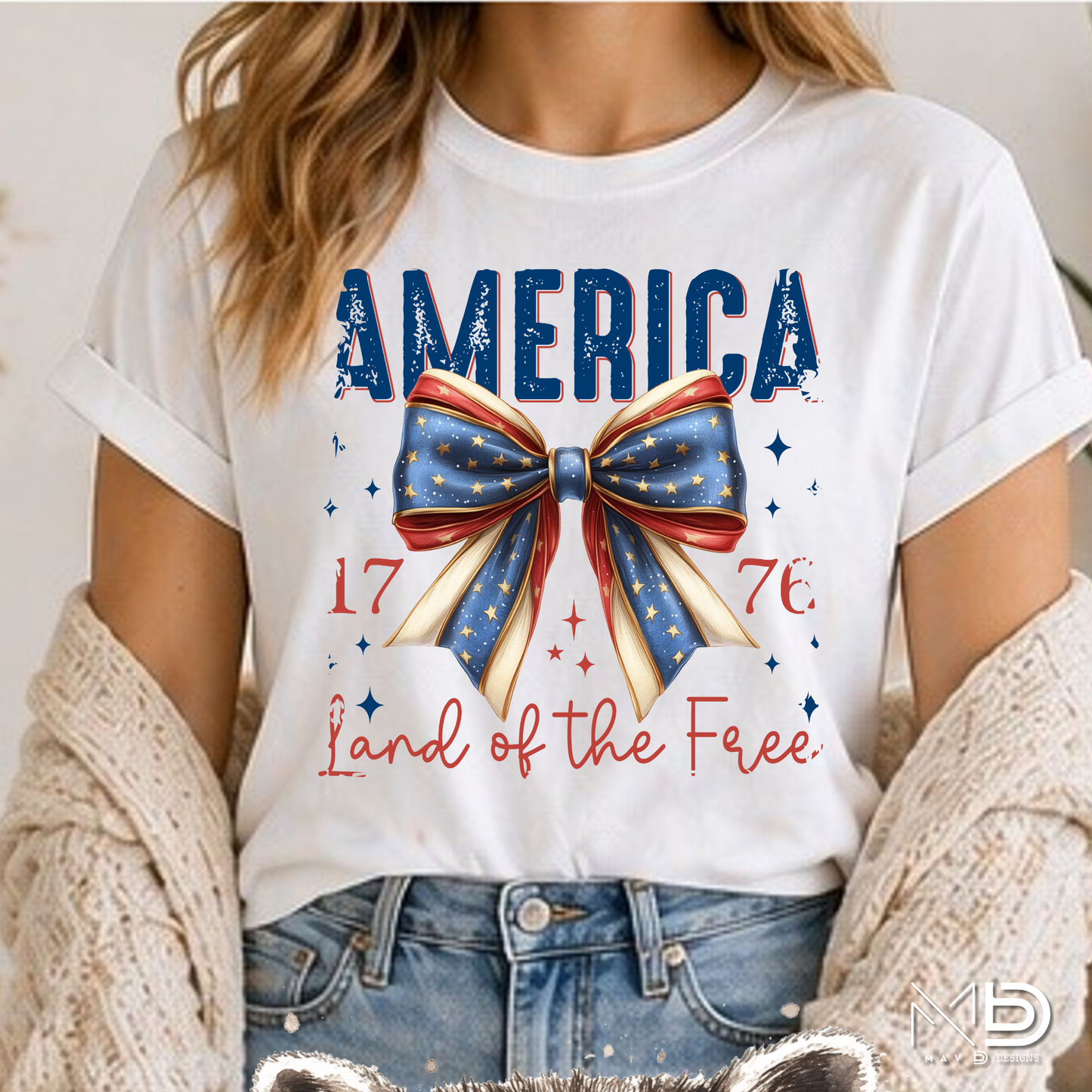America 1776 Land of the Free Patriotic Bow Shirt | Fourth of July Americana Tee | Red White Blue Graphic T-Shirt