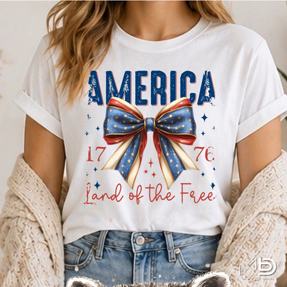 America 1776 Land of the Free Patriotic Bow Shirt | Fourth of July Americana Tee | Red White Blue Graphic T-Shirt