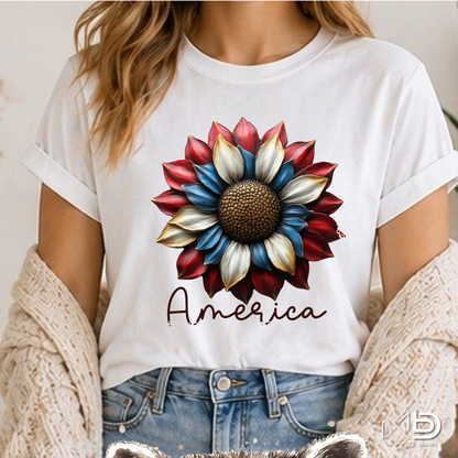 Patriotic Sunflower America Shirt | Red White Blue Floral Graphic Tee | Americana Sunflower T-Shirt | 4th of July Floral Shirt
