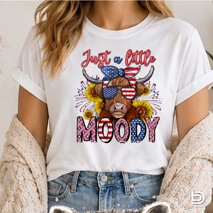 Just a Little Moody Highland Cow Patriotic Shirt | Fourth of July Cow Tee | American Flag Highland Cow Graphic T-Shirt | Funny Independence Day Shirt