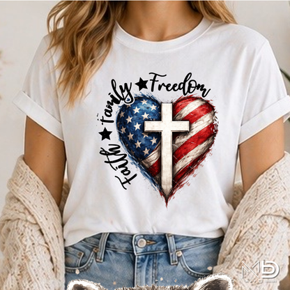 Faith Family Freedom Patriotic Christian Shirt | American Flag Heart Cross Tee | USA Independence Day Christian T-Shirt