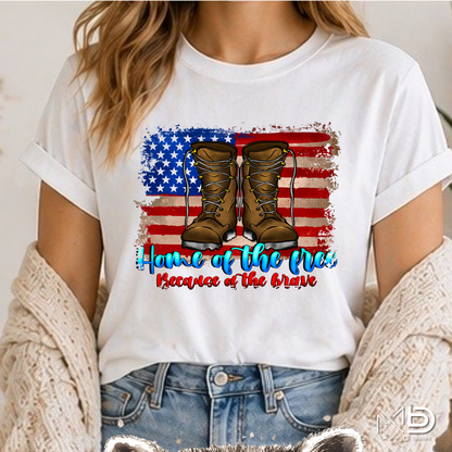 Home of the Free Because of the Brave Shirt | Military Appreciation Tee | Patriotic Combat Boots Shirt | Veteran Support Fourth of July T-Shirt