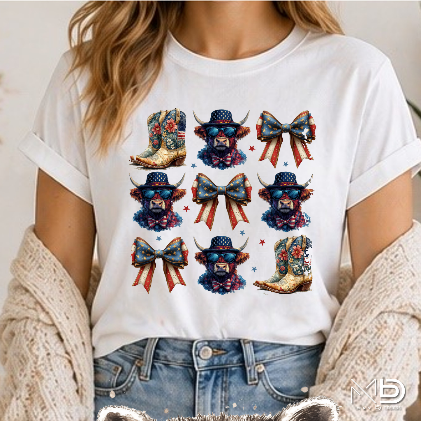 Patriotic Highland Cow & Boots Shirt | Americana Coquette Bow Tee | Western Fourth of July Shirt | Cute USA Cowgirl Graphic T-Shirt