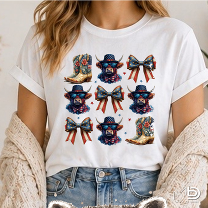 Patriotic Highland Cow & Boots Shirt | Americana Coquette Bow Tee | Western Fourth of July Shirt | Cute USA Cowgirl Graphic T-Shirt