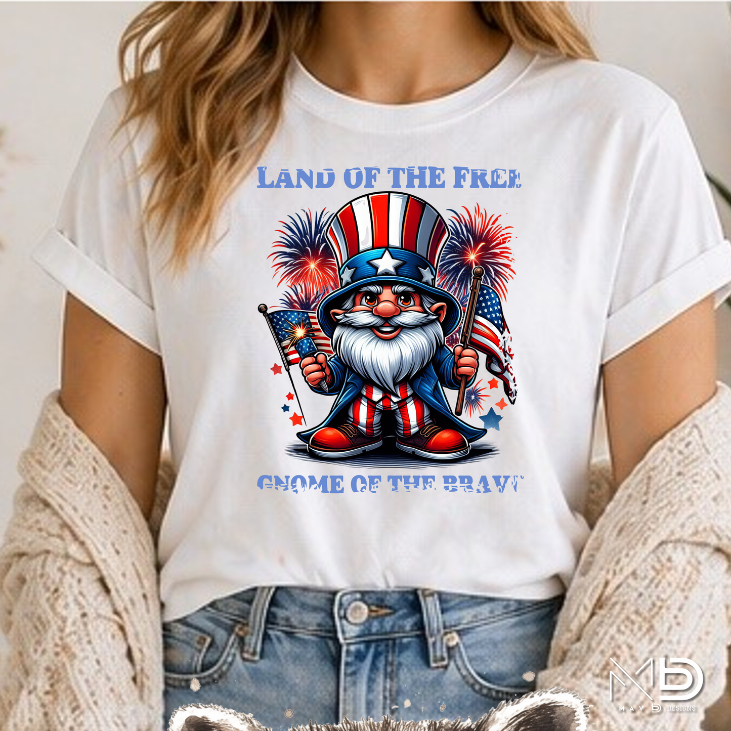 Land of the Free, Gnome of the Brave Patriotic Shirt | Uncle Sam Gnome Fourth of July Tee | USA Fireworks Graphic T-Shirt | Americana Independence Day Shirt