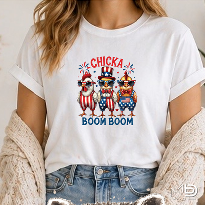 Chicka Boom Boom Shirt | Funny Patriotic Chicken Fourth of July Graphic Tee