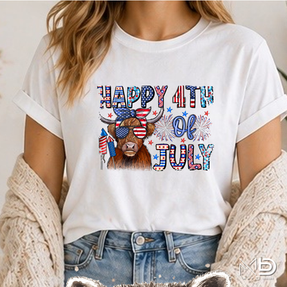 Happy 4th of July Highland Cow Shirt | Patriotic Cow Graphic Tee | Funny Americana Farmhouse Shirt 🇺🇸🐮🎆