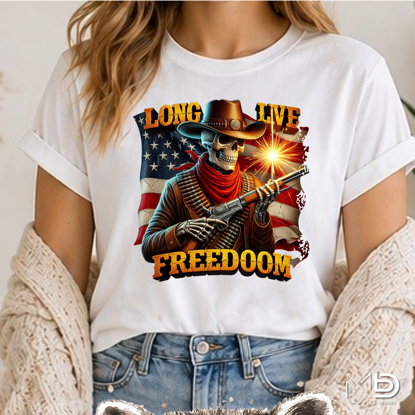 Long Live Freedom Skeleton Cowboy Shirt | Patriotic Western Graphic Tee | American Flag Cowboy Skull T-Shirt | Fourth of July Country Freedom Shirt