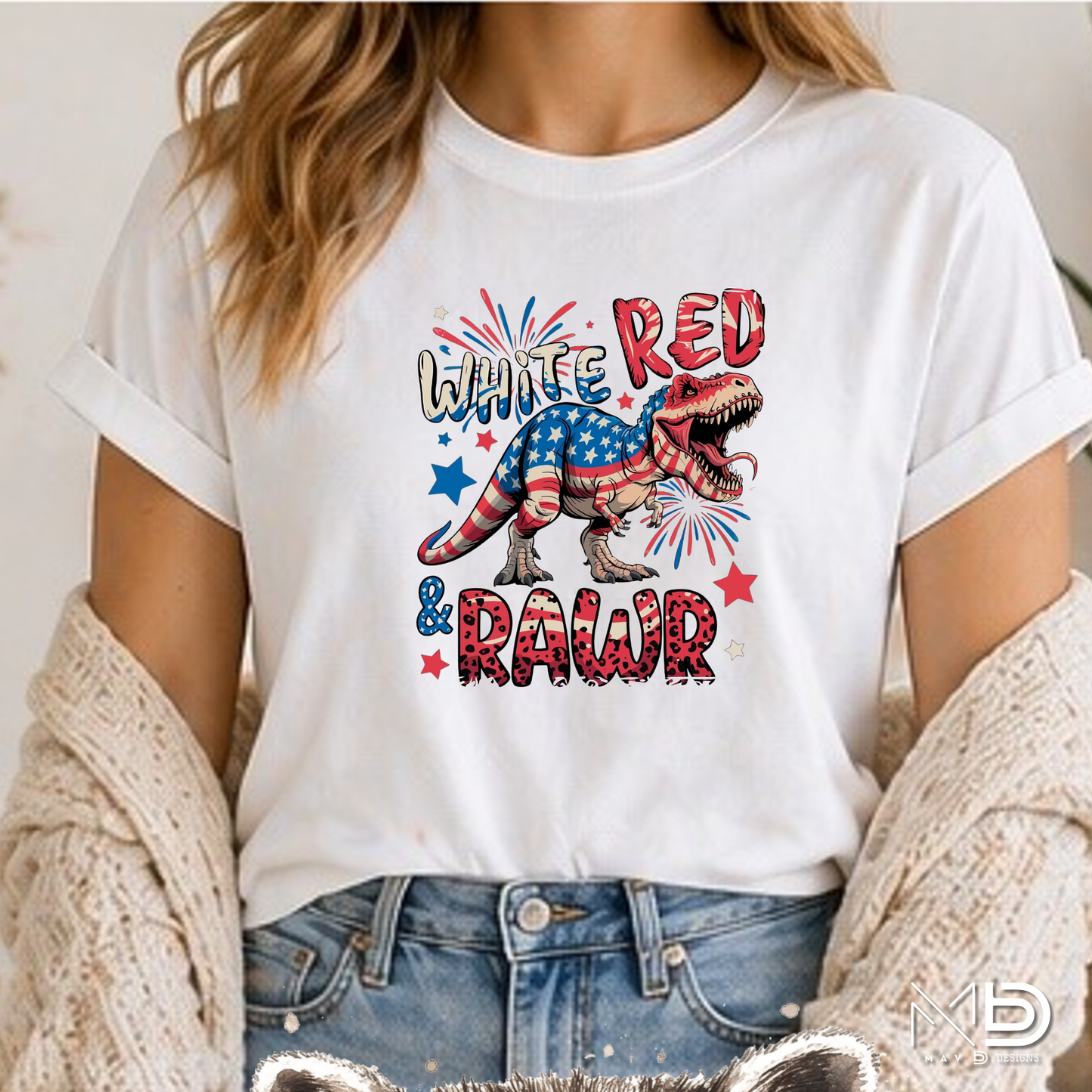 White Red & Rawr Dinosaur Fourth of July Shirt | Patriotic T-Rex Tee
