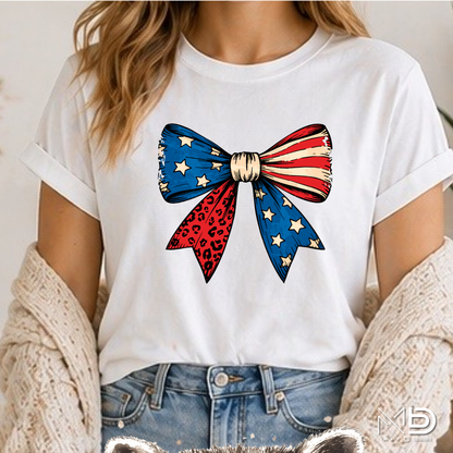 Patriotic Coquette Bow Shirt | American Flag Leopard Print Bow Tee | Fourth of July Red White & Blue T-Shirt