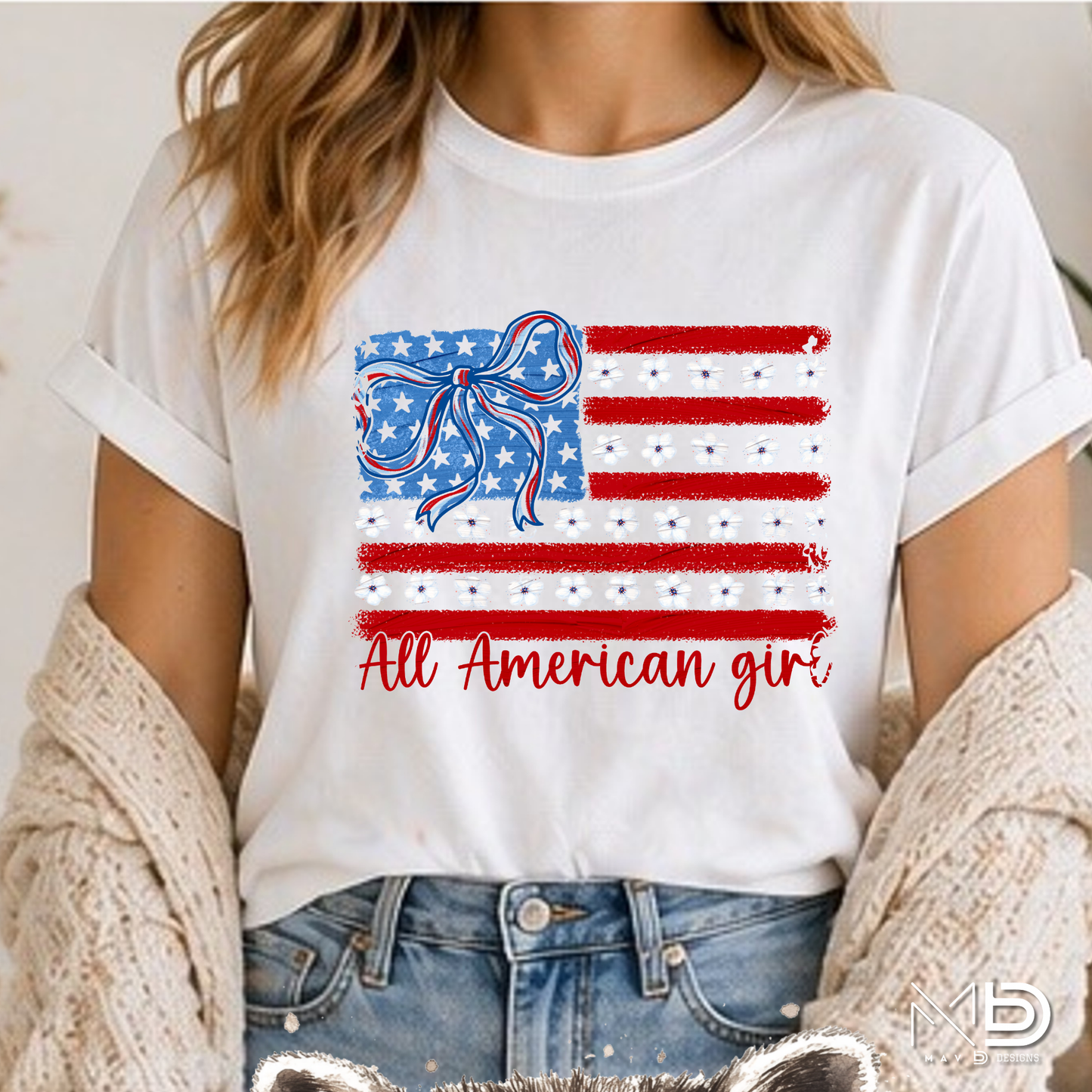 All American Girl Patriotic Flag Shirt | Coquette Bow & Daisy USA Tee | Fourth of July Women’s Graphic T-Shirt | Red White Blue Americana Shirt