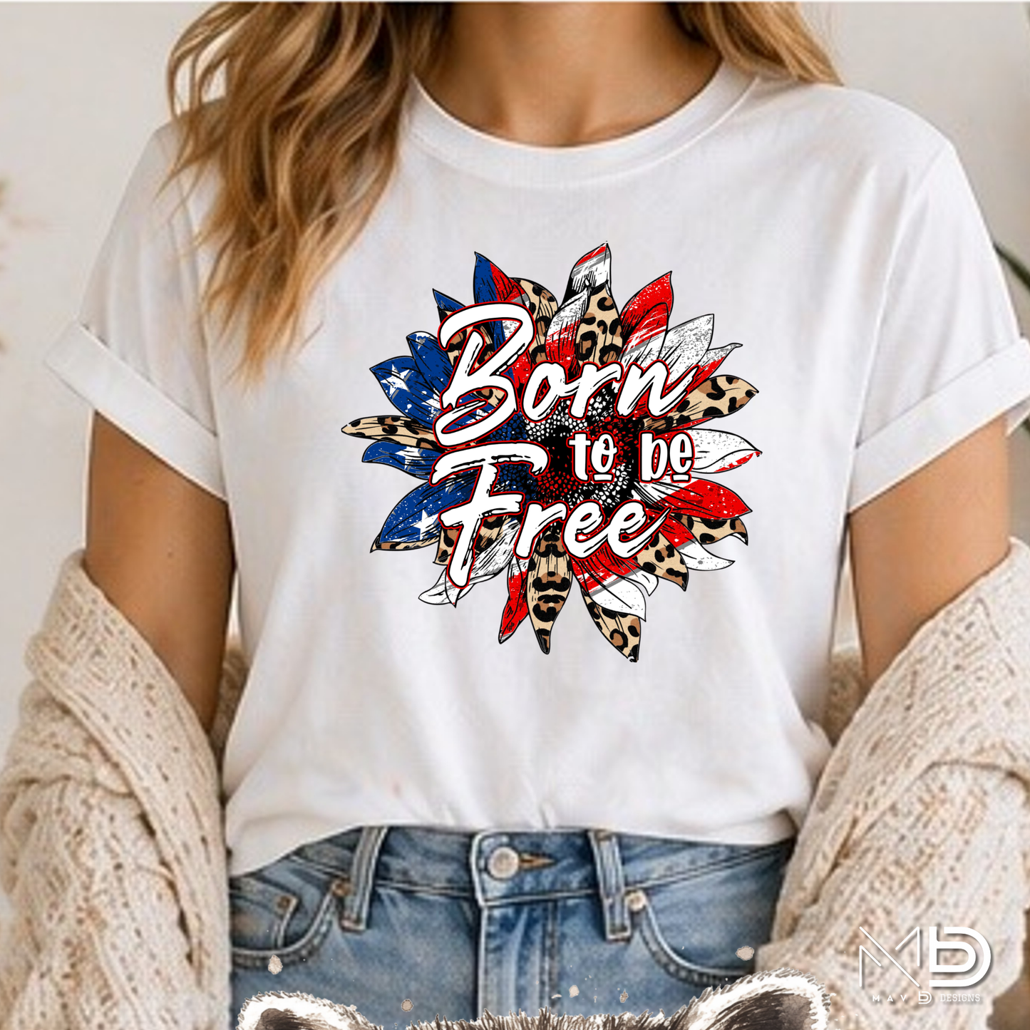 Born to Be Free Patriotic Leopard Sunflower Shirt
