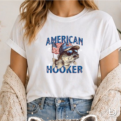 American Hooker Fishing Shirt | Patriotic Bass Fisherman Tee | Fourth of July Fishing Graphic T-Shirt