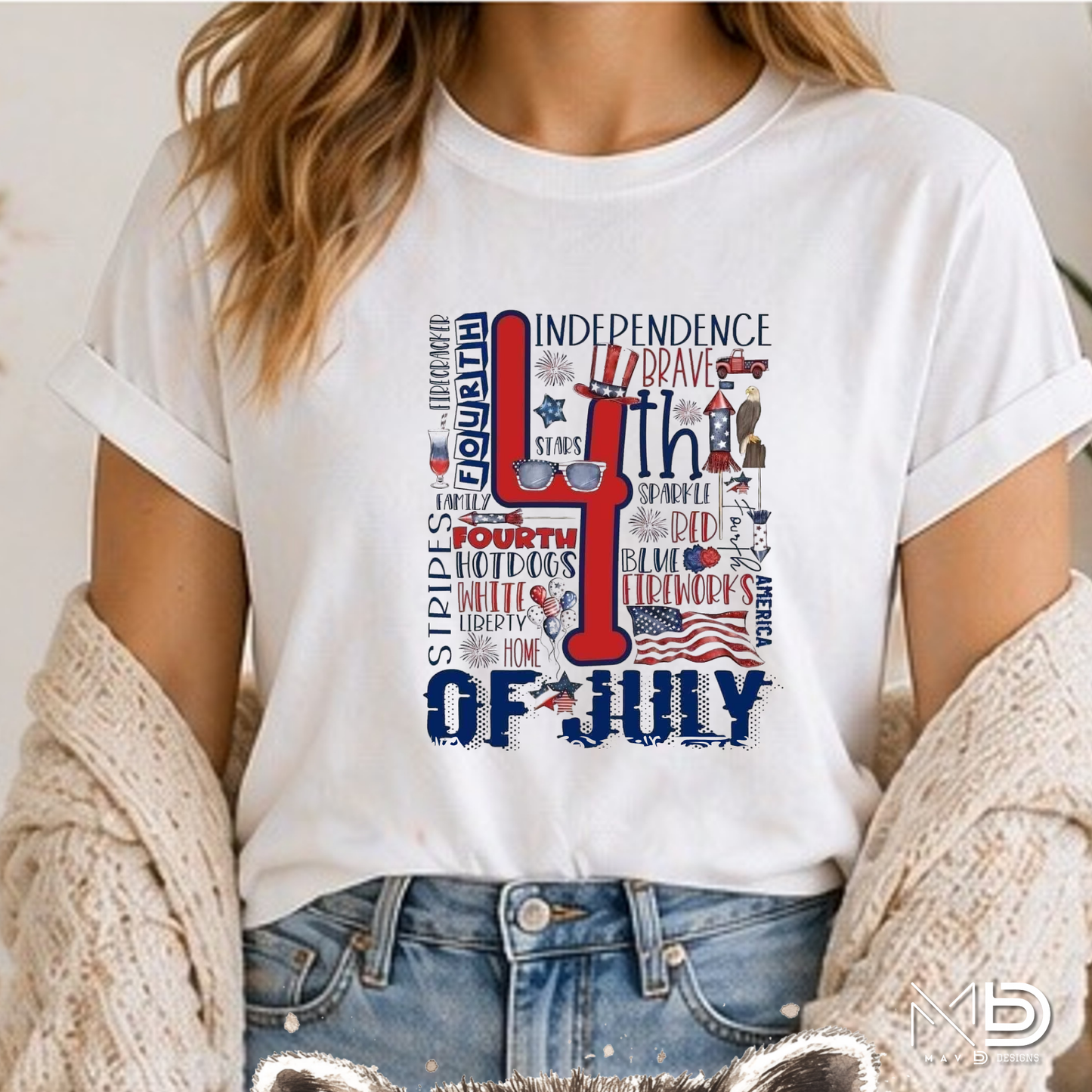 4th of July Word Art Patriotic Shirt | Independence Day Typography Tee | Red White Blue Fireworks Graphic T-Shirt | Americana Celebration Shirt
