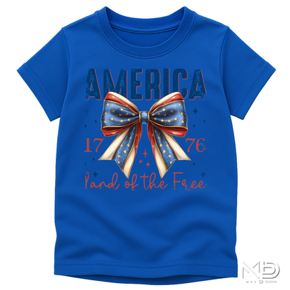 America 1776 Land of the Free Patriotic Bow Shirt | Fourth of July Americana Tee | Red White Blue Graphic T-Shirt