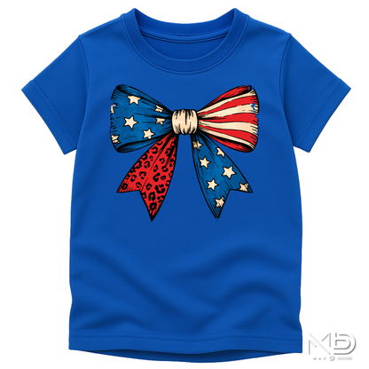 Patriotic Coquette Bow Shirt | American Flag Leopard Print Bow Tee | Fourth of July Red White & Blue T-Shirt