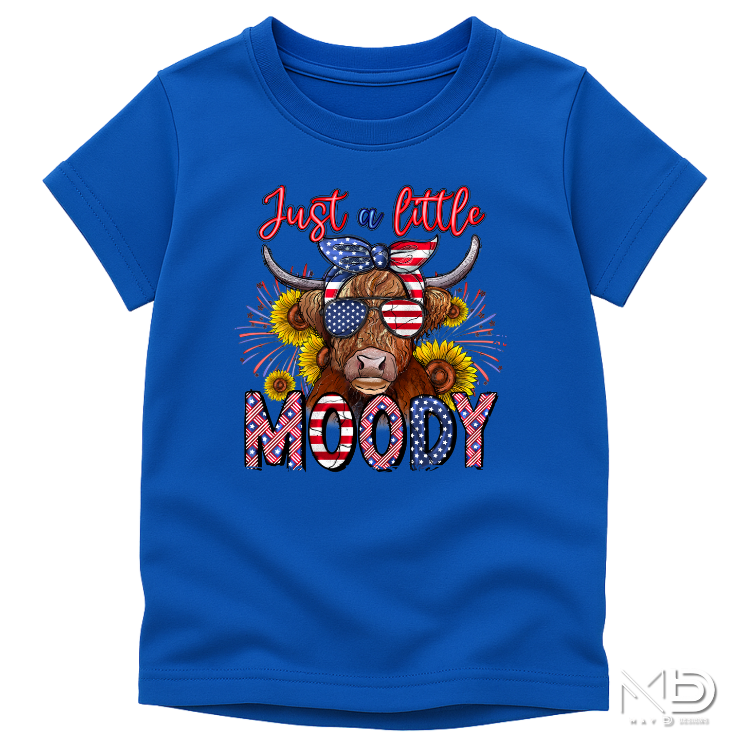 Just a Little Moody Highland Cow Patriotic Shirt | Fourth of July Cow Tee | American Flag Highland Cow Graphic T-Shirt | Funny Independence Day Shirt