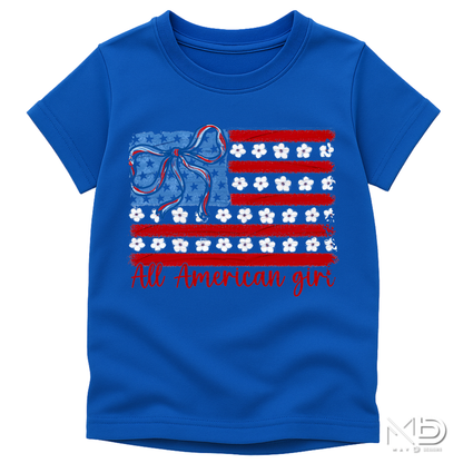 All American Girl Patriotic Flag Shirt | Coquette Bow & Daisy USA Tee | Fourth of July Women’s Graphic T-Shirt | Red White Blue Americana Shirt